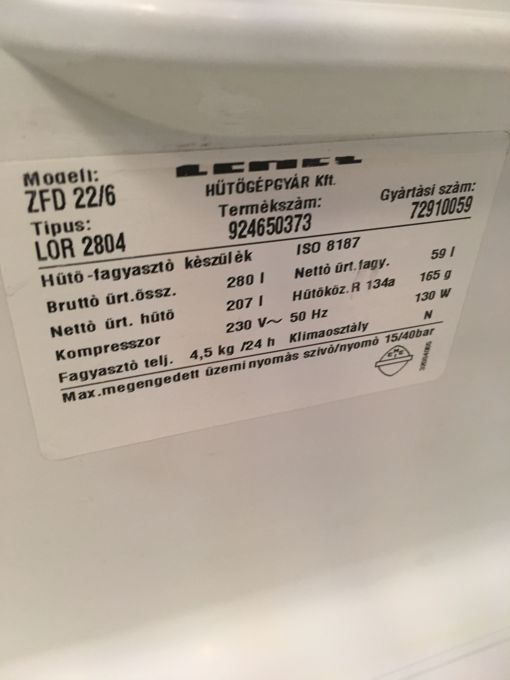 Zanussi LOR 2804 felülfagyasztós hűtő cimke